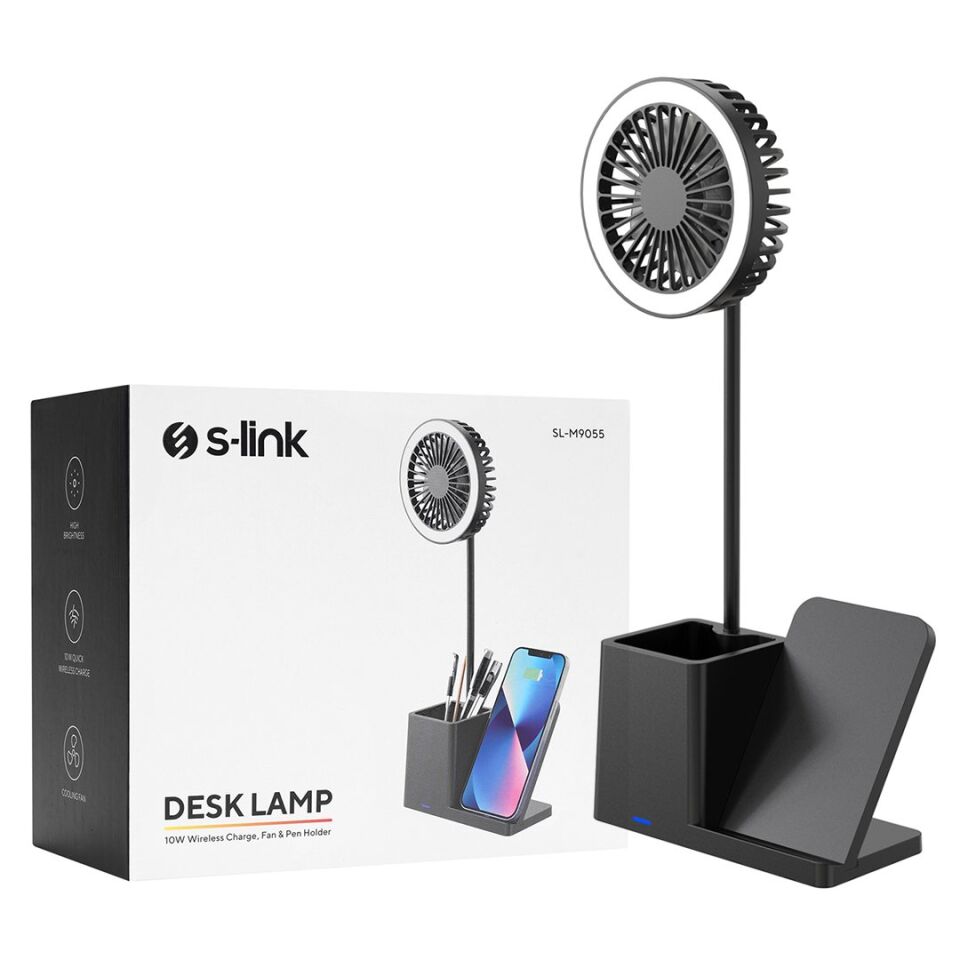 S-link SL-M9055 10 Watt Kablosuz Şarj İstasyonlu Fanlı Kalemlikli Masa Lambası (Siyah)