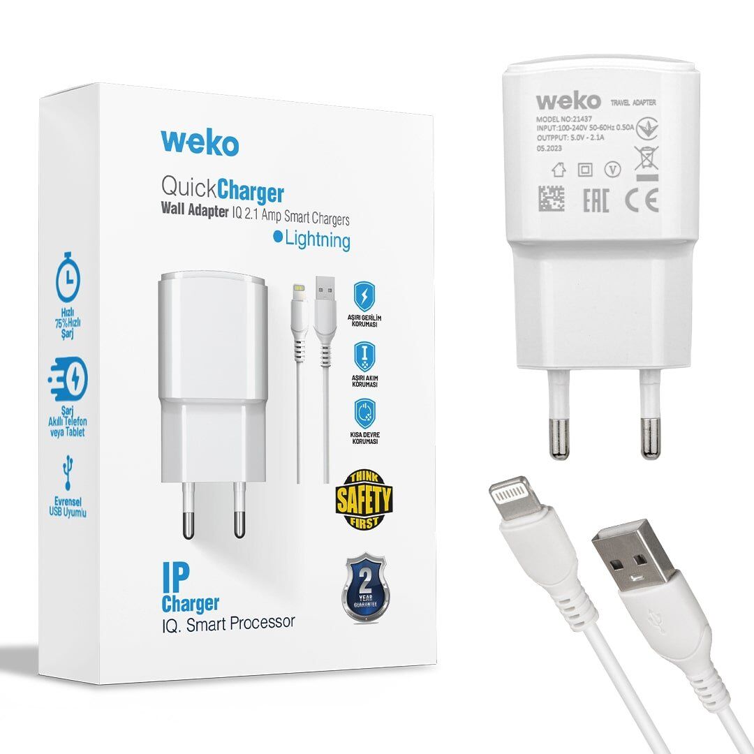 Weko WK-21437 2.1 Amper Telefon Şarj Adaptörü + Lightning Kablo